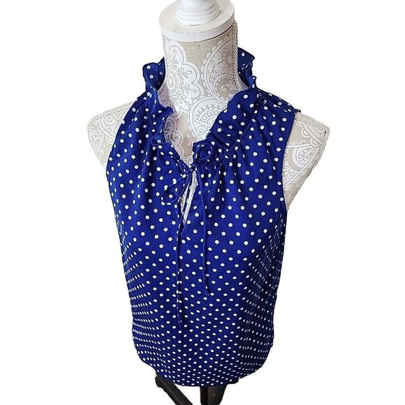 J. Crew Top Sleeveless Blue Polka Dot Ruffled Neck Blouse Business Women's 2 - Picture 2 of 8